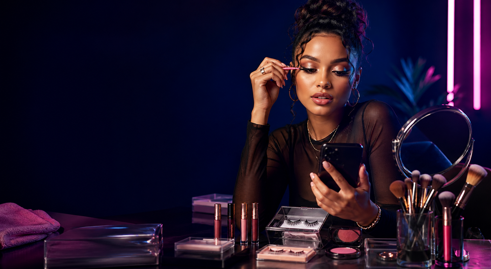 Creator preparing a lash and makeup look